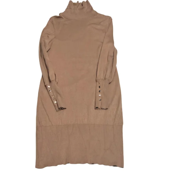 Melanie Lyne Camel Turtleneck Sweater Knit Dress  Gold Button Cuff Size Small - Picture 4 of 8
